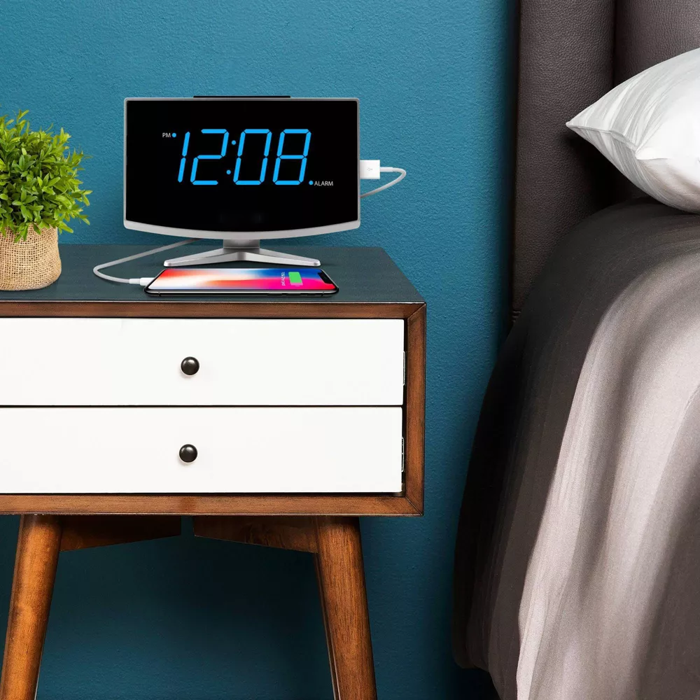Jumbo Curved Blue LED Digital Alarm Clock with USB Charging Port